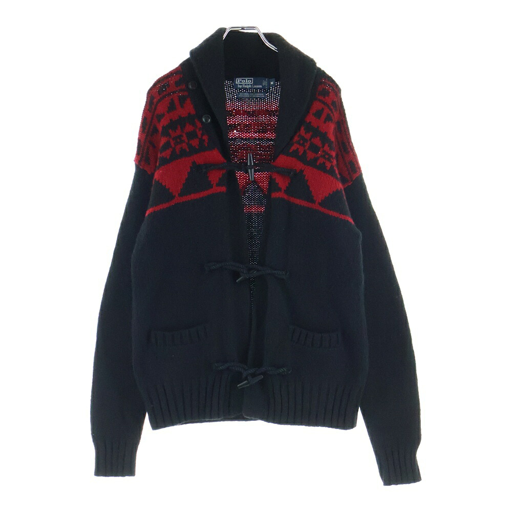 POLO RALPH LAUREN(ポロラルフローレン) 大きさ:M 90s 羊毛カシミヤ トグルボタン ジレー エルボーパッチ ノース柄 黒いこと×赤いこと【中古】【度合いB】【色つや黒いこと】【取りまわしバス発着場AWESOME高円寺店】