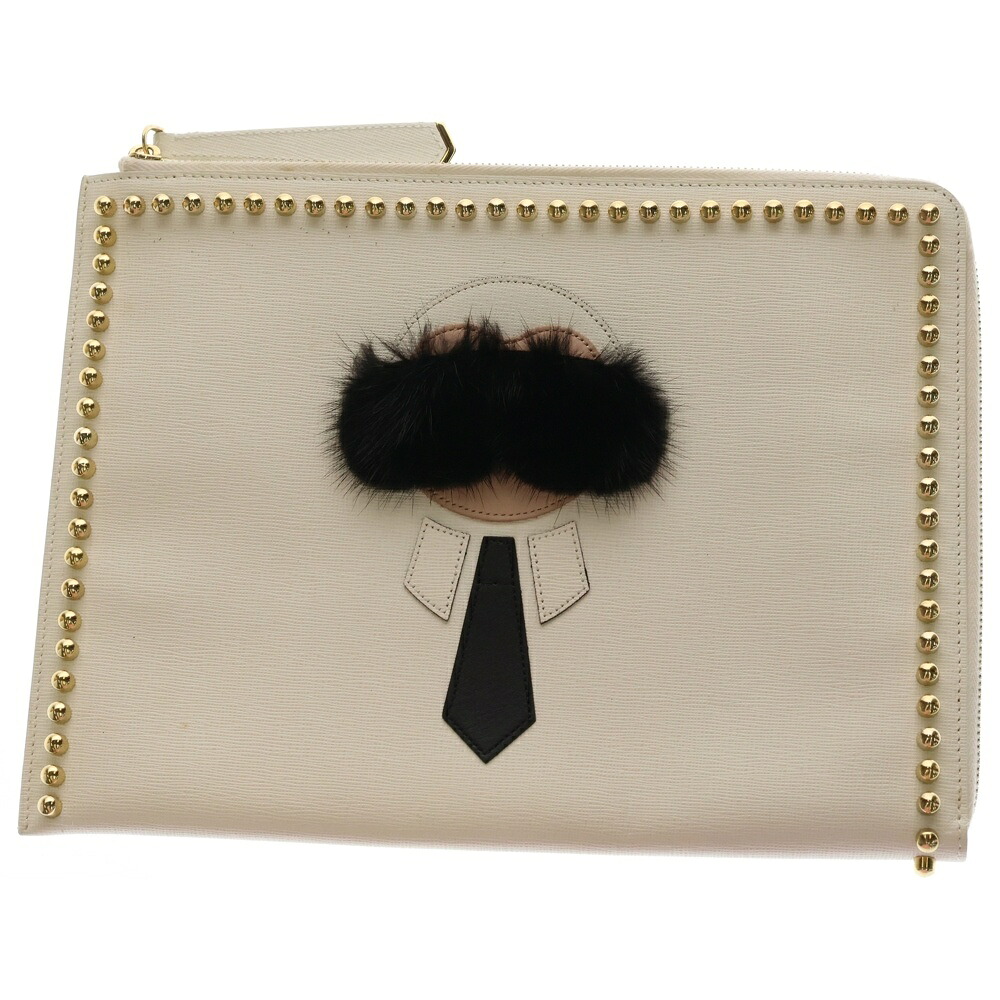 FENDI(フェンディ) PUNKARLITO パンカーリト ファーチャームスタッズクラッチバッグ 白いこと【中古】【座標軸A】【色つや白いこと】【オンライン押さえる商いもの】