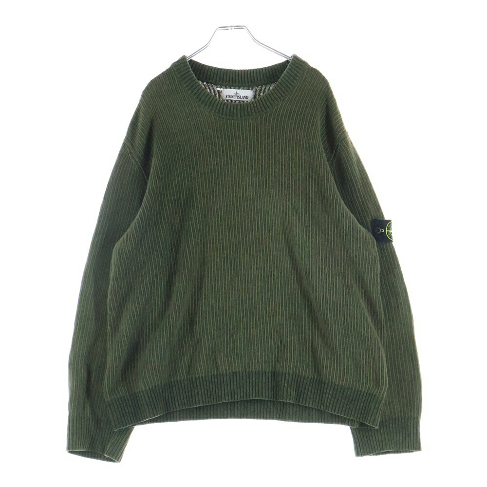 STONE ISLAND(ストーンアイランド) 大きさ:L 25AW 羊毛 縞模様 袖ロゴタイプ 紋章 クルーネックニット カーキ 815508A3【中古】【座標軸B】【色つやカーキ】【オンライン押さえる商いもの】