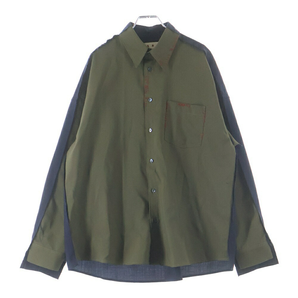 MARNI(マルニ) サイズ:44 TROPICAL WOOL SHIRT トロピカルウールシャツ 長袖ドッキングシャツ カーキ/ネイビー CUMU0278QS TW839【中古】【程度B】【カラーグリーン】【取扱店舗BRING梅田茶屋町店】