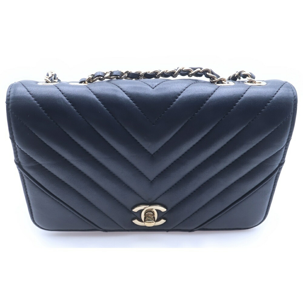 CHANEL(シャネル) シェブロン V編み目 なめし革 Wチェーン店 ショルダーバッグ ゴールド金具 黒いこと 28番台【中古】【座標軸B】【色つや黒いこと】【取りまわしバス発着場BRING WASTE_NOT】