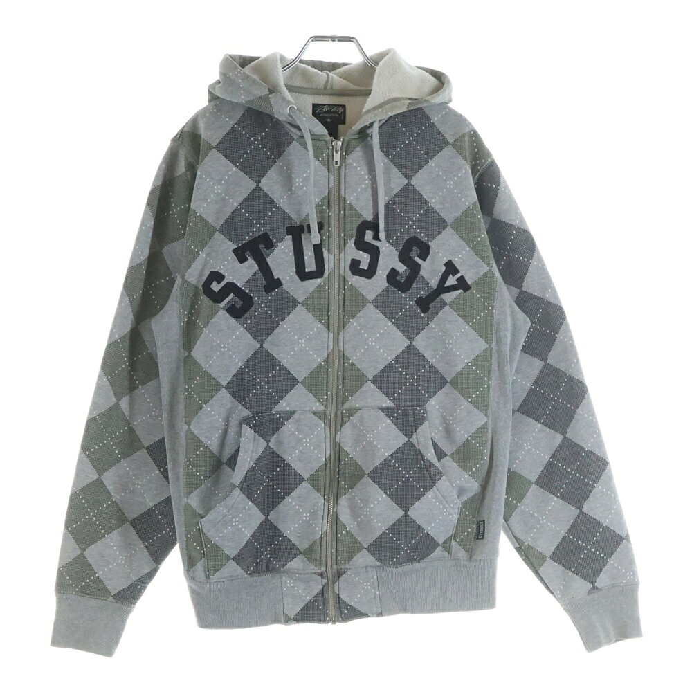 STUSSY(ステューシー) 大きさ:M 00S グリーンアーガイル柄 ダブル衣嚢 ジップアップ フーデッド パーカー 薄墨色【中古】【座標軸B】【色つや薄墨色】【取りまわしバス発着場BRING横浜ビブレ店】