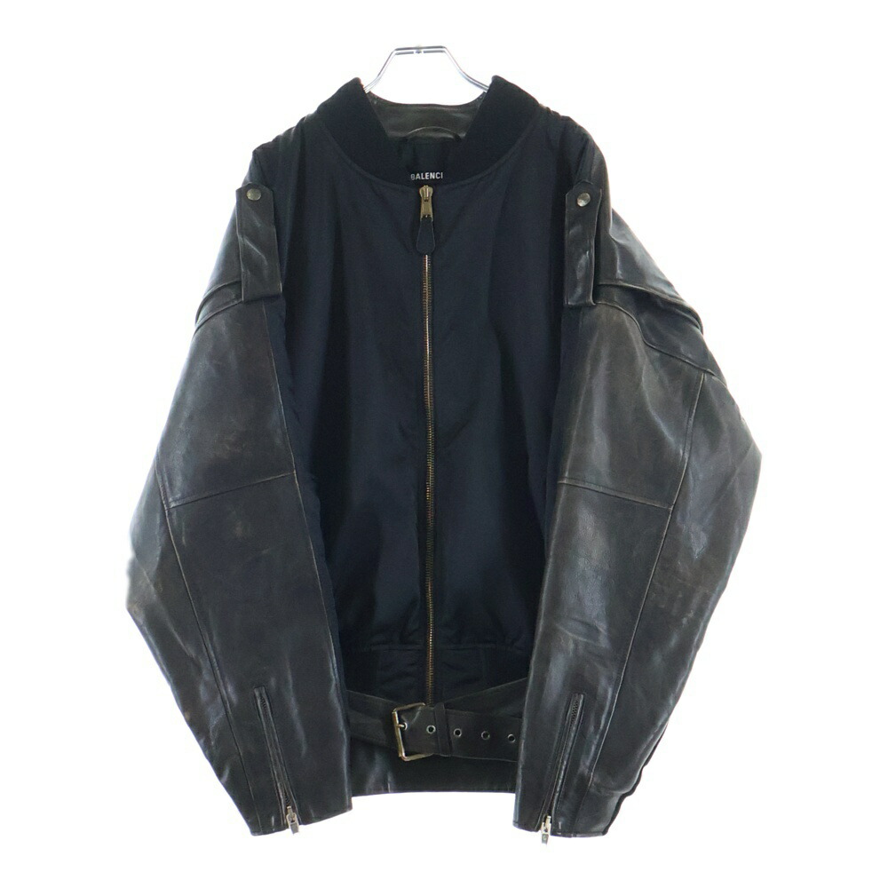 BALENCIAGA(バレンシアガ) サイズ:48 袖レザー切り替えMA-1ナイロンボンバージャケット 515784 TYH91 ブラック【中古】【程度A】【カラーブラック】【取扱店舗BRING渋谷ANNEX店】