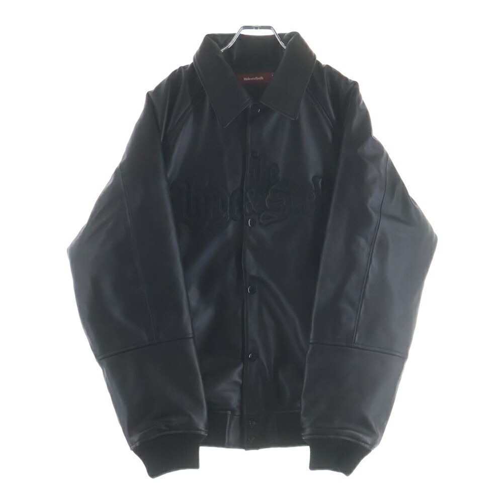 Hideandseek(ハイドアンドシーク) サイズ:L ×Toru Nishiura LEATHER VARSITY JACKET 西浦徹 ロゴパッチ シープレザー バーシティジャケット ブルゾン ブラック H30th-010126【新古品/中古】【程度S】【カラーブラック】【オンライン限定商品】