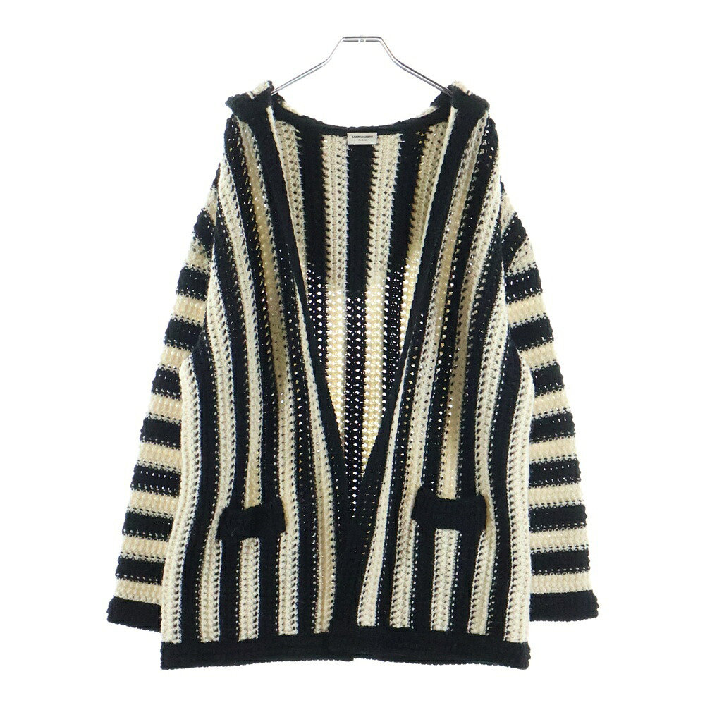 SAINT LAURENT PARIS(サンローランパリ) 大きさ:XS 19SS 607652 YAJS2 ストライプフーデッドニットカーディガン 黒いこと/白いこと【中古】【座標軸B】【色つや黒いこと】【オンライン押さえる商いもの】