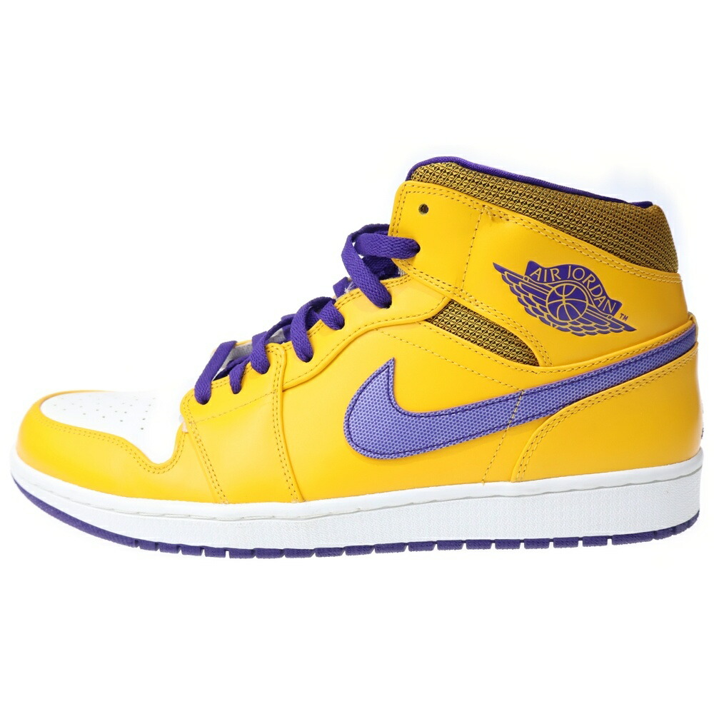 NIKE(ナイキ) 大きさ:32.0珊 AIR JORDAN 1 MID LAKERS エアジョーダン1 レイカーズ ミッドカットスニーカー 白いこと/黄色 US14/32珊 554724-708【中古】【度合いA】【色つや白いこと】【オンライン押さえる商いもの】