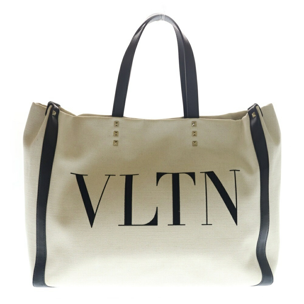 VALENTINO(ヴァレンティノ) ロックスタッズ VLTNロゴタイプ トートバッグ 象牙色×黒いこと 帆布×なめし革【中古】【座標軸A】【色合い白いこと】【オンライン制限事項商いもの】