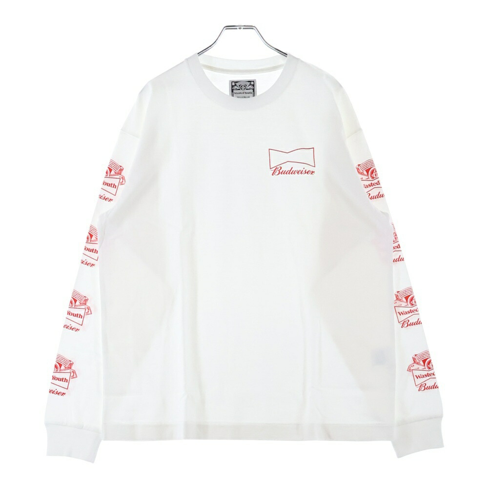 WASTED YOUTH(ウェイステッドユース) 大きさ:L ×BUDWEISER Long Sleeve T-shirt#1 バドワイザー 袖刷り上げるロゴタイプ 長袖ティーシャツ カットソー 白いこと WY26CS001【新古品/中古】【度合いS】【色つや白いこと】【オンライン押さえる商いもの】