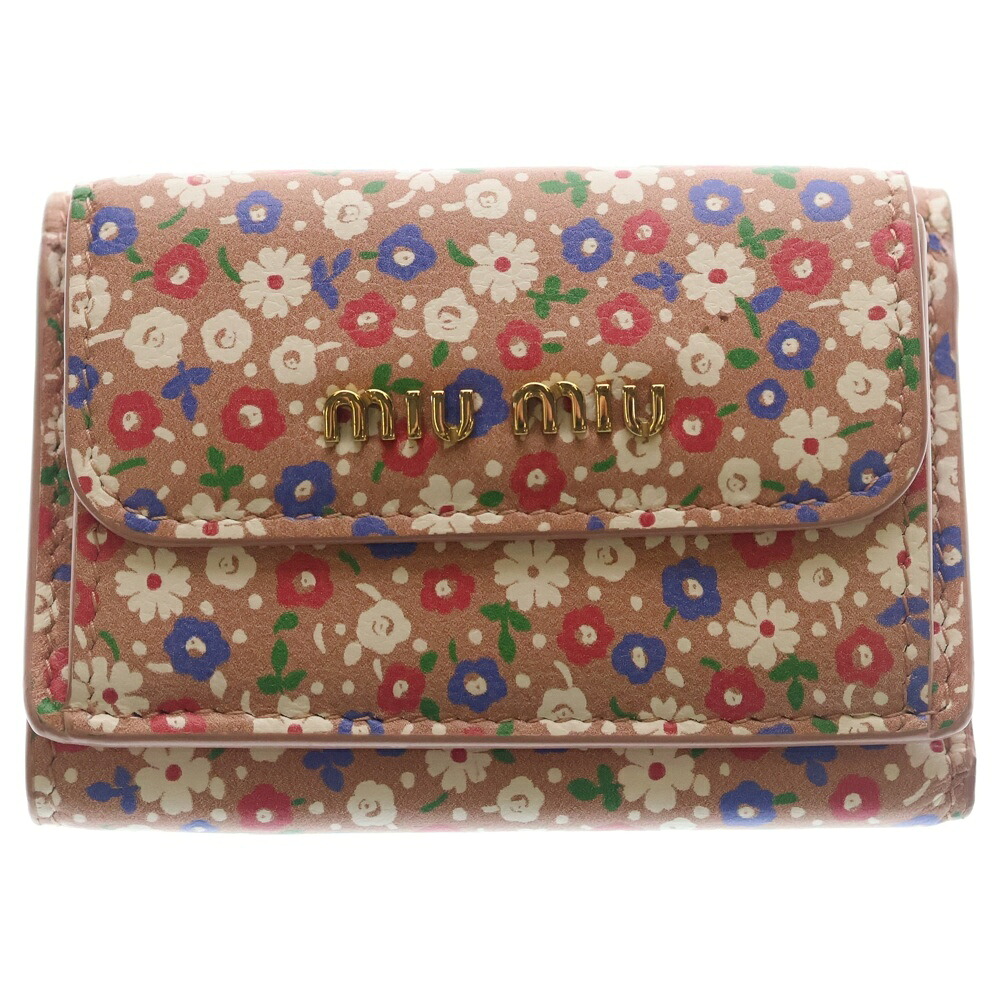 miumiu(ミュウミュウ) フラワー プリント 三つ折り財布 コンパクトウォレット コインケース ピンク レザー ゴールド金具【中古】【程度B】【カラーピンク】【オンライン限定商品】｜ブランド買取・販売　BRING