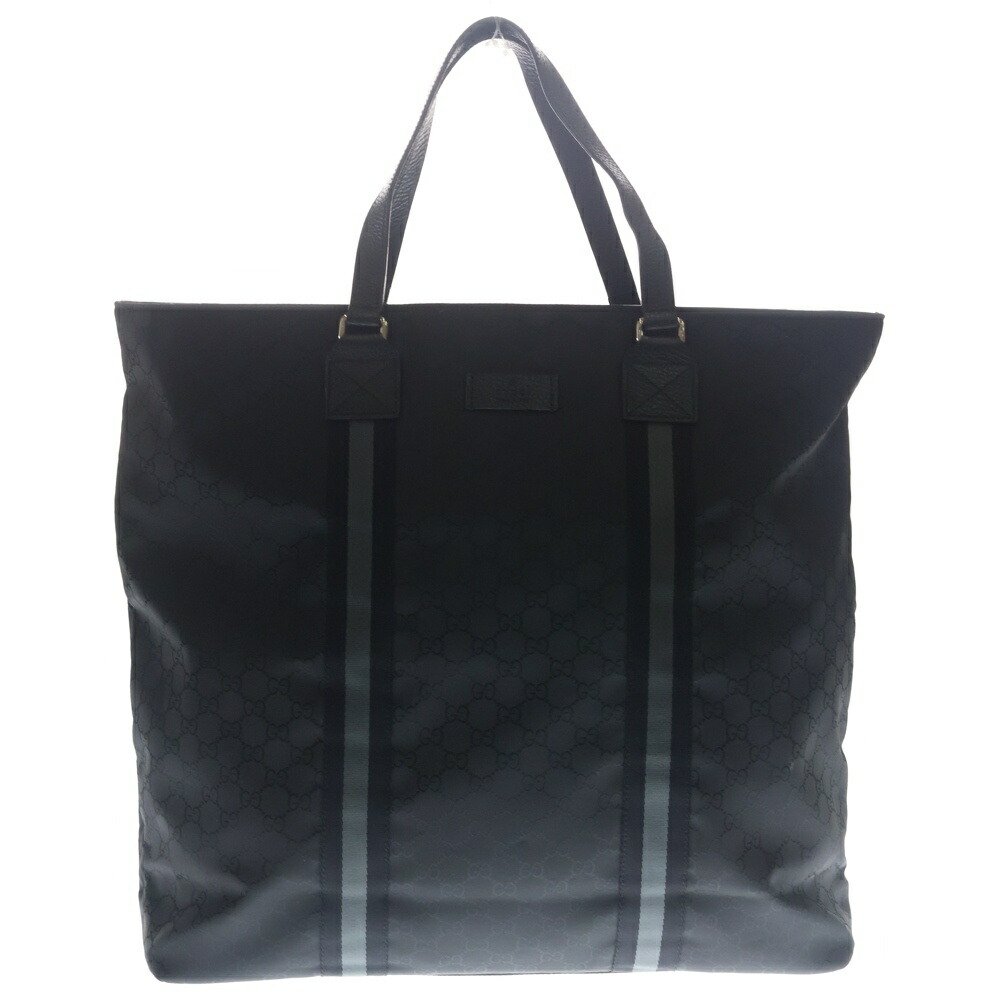 GUCCI(グッチ) GGナイロン なめし革 トートバッグ しろがね色金具 黒いこと 449179【中古】【座標軸B】【色つや黒いこと】【取りまわしバス発着場BRING札幌店】