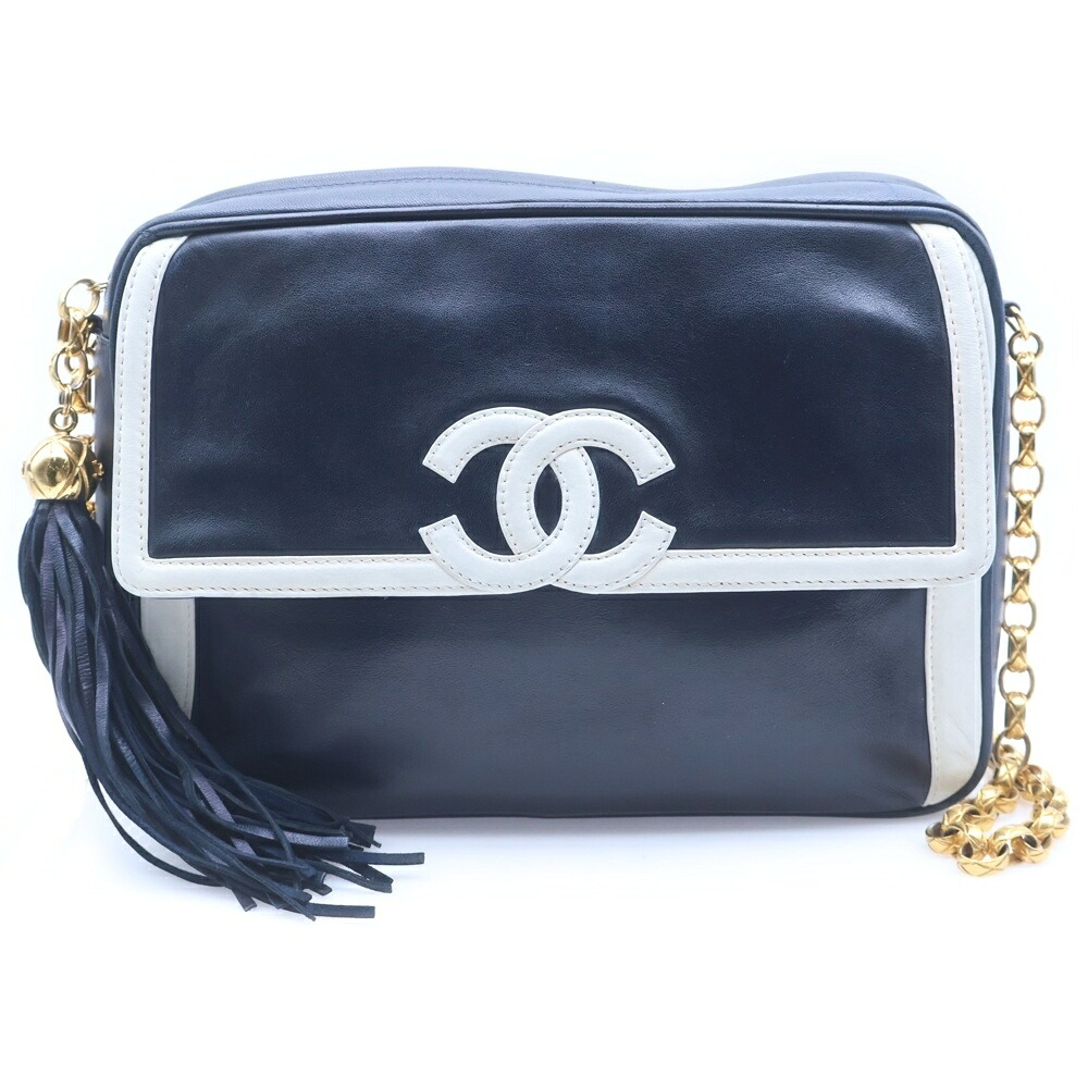 CHANEL(シャネル) 大いさ:- ココマーク フリンジ チェーン店ショルダーバッグ 白いこと×米国海軍 なめし革 ゴールド金具【中古】【度合いB】【カラーネイビー】【取りまわしバス発着場原宿】 バッグ-バッグ・小物・ブランド雑貨