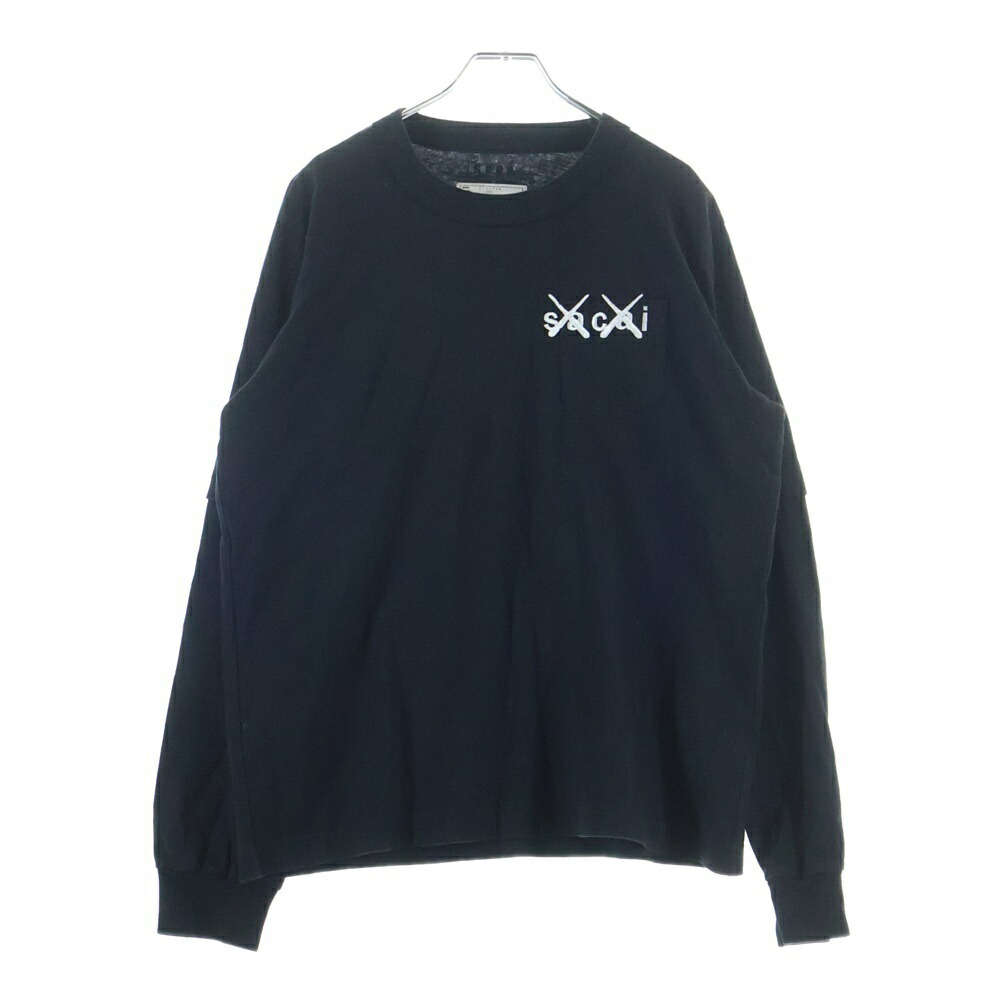 Sacai(サカイ) 大きさ:3 21AW KAWS Embroidery L/S T-Shirt カウズ ロゴタイプ刺しゅう 長袖プルオーバー ロンT 黒いこと 21-0284S【中古】【座標軸A】【色つや黒いこと】【取りまわしバス発着場原宿】