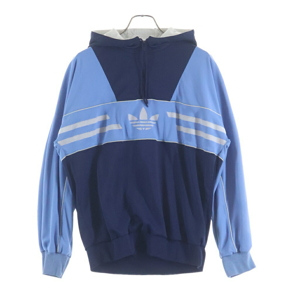 adidas(アディダス) サイズ:F 80S 万国旗タグ フロントロゴ ハーフジッププルオーバーフーディー ブルー/ホワイト【中古】【程度B】【カラーブルー】【オンライン限定商品】