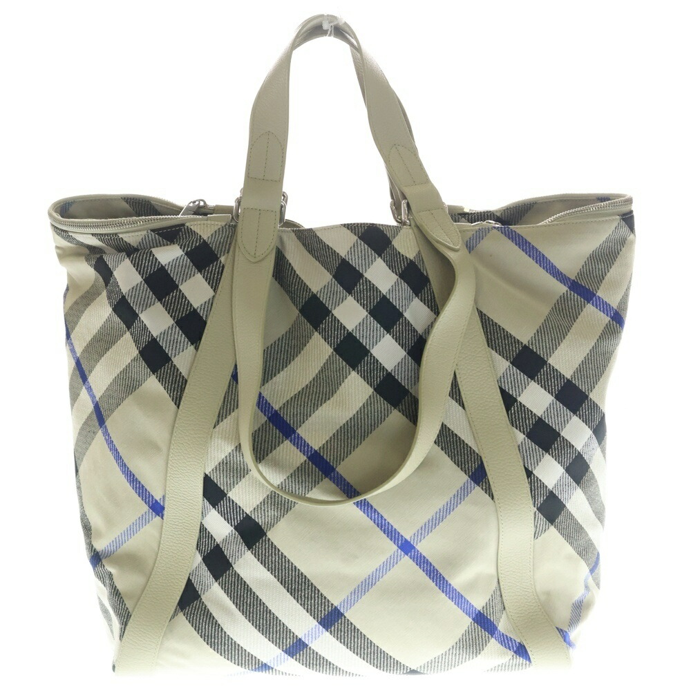 BURBERRY(バーバリー) ノバチェック トートバッグ ハンドバック ベージュ×青色 帆布×なめし革 8089791 しろがね色金具【中古】【座標軸A】【色合いベージュ】【取りまわしバス発着場BRING福岡天神店】
