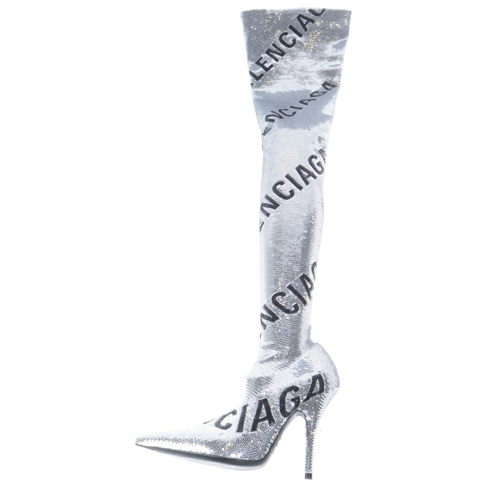 BALENCIAGA(バレンシアガ) 大きさ:35 Knife Allover Logo 110粍 Over-the-knee Boots インチ Silver 出刃包丁 ニーハイブーツ 731973-W2D31-8010 しろがね色【新古品/中古】【座標軸S】【色合いしろがね色】【オンライン制限事項商いもの】