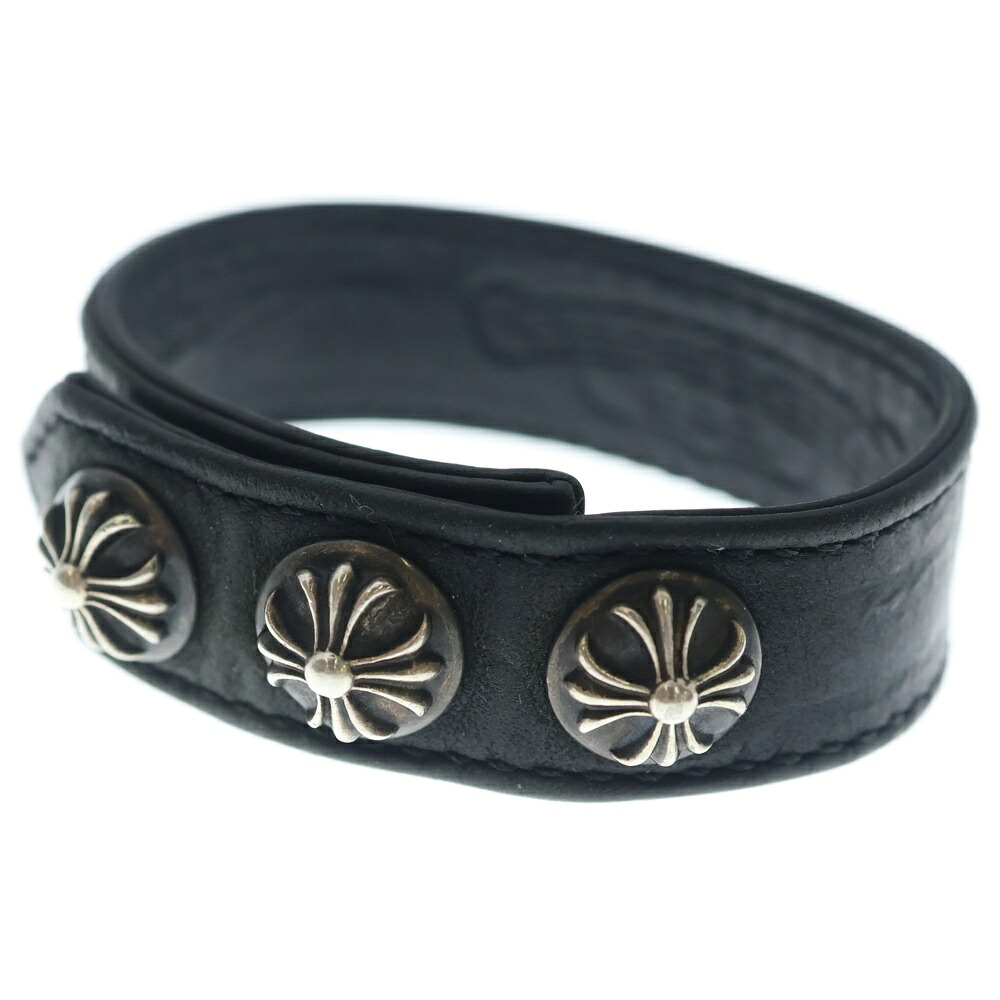 CHROME HEARTS(クロムハーツ) 3BTN 2SNP クロスボール 3名取り草2隙間 なめし革腕輪 黒いこと/しろがね色 BCA123【中古】【座標軸B】【色合い黒いこと】【取りまわしバス発着場BRING亜米利加村店】