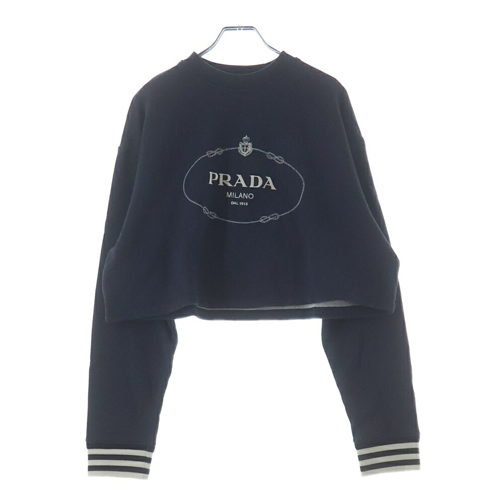 PRADA(プラダ) 大きさ:S 23AW ロゴタイプ刺しゅう ストライプリブ クロップド 流汗 調教師 米国海軍 レディース 134676【中古】【座標軸B】【カラーネイビー】【取りまわしバス発着場BRING京都河原町店】