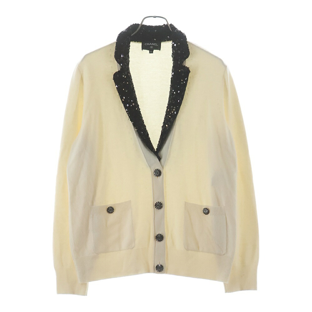 CHANEL(シャネル) 大いさ:36 Cashmere Wool Sequin Cardigan Jacket P74171 K10644 カシミヤ スパンコール襟 長袖ニットカーディガンジャケット 象牙色【中古】【座標軸B】【色合いベージュ】【取りまわしバス発着場原宿】