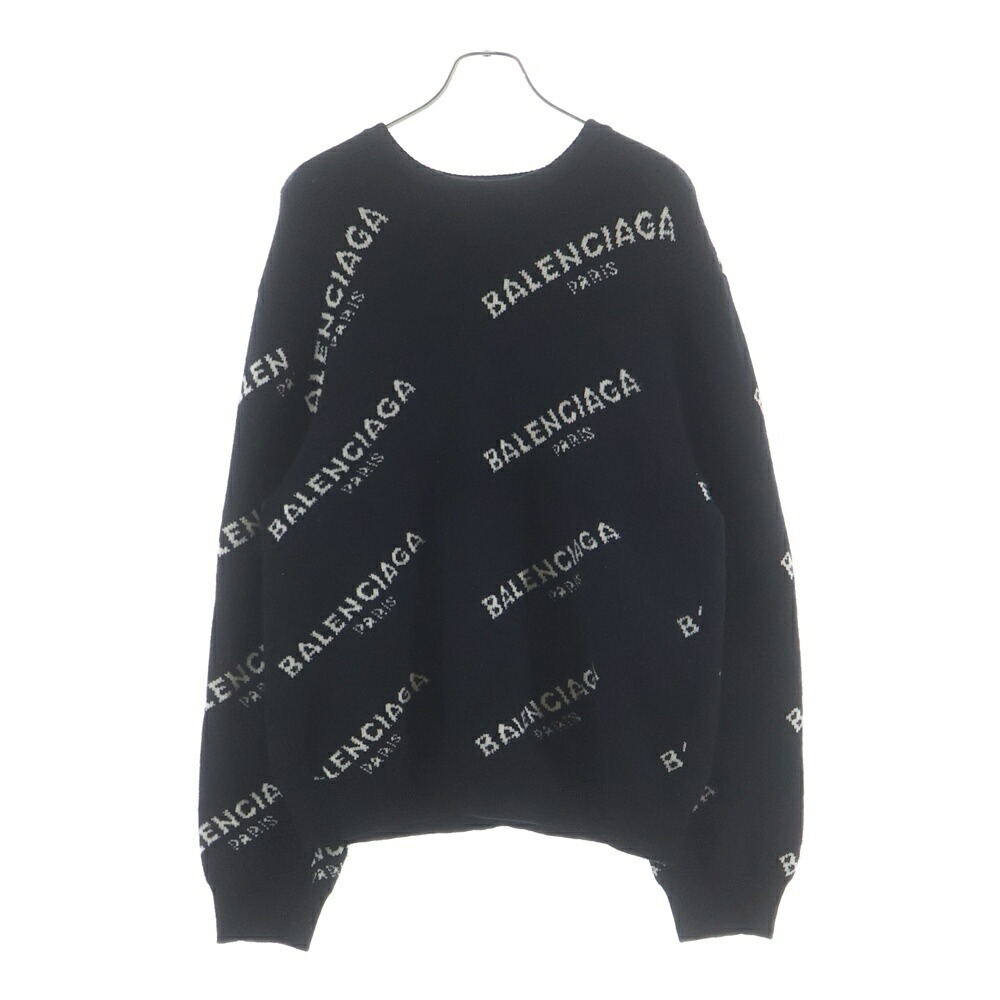 BALENCIAGA(バレンシアガ) 大きさ:L 17AW オールオーバーロゴジャガード 労働者の一団のど頚 編み物プルオーバー 黒いこと 486964【中古】【座標軸B】【色合い黒いこと】【オンライン押さえる商いもの】