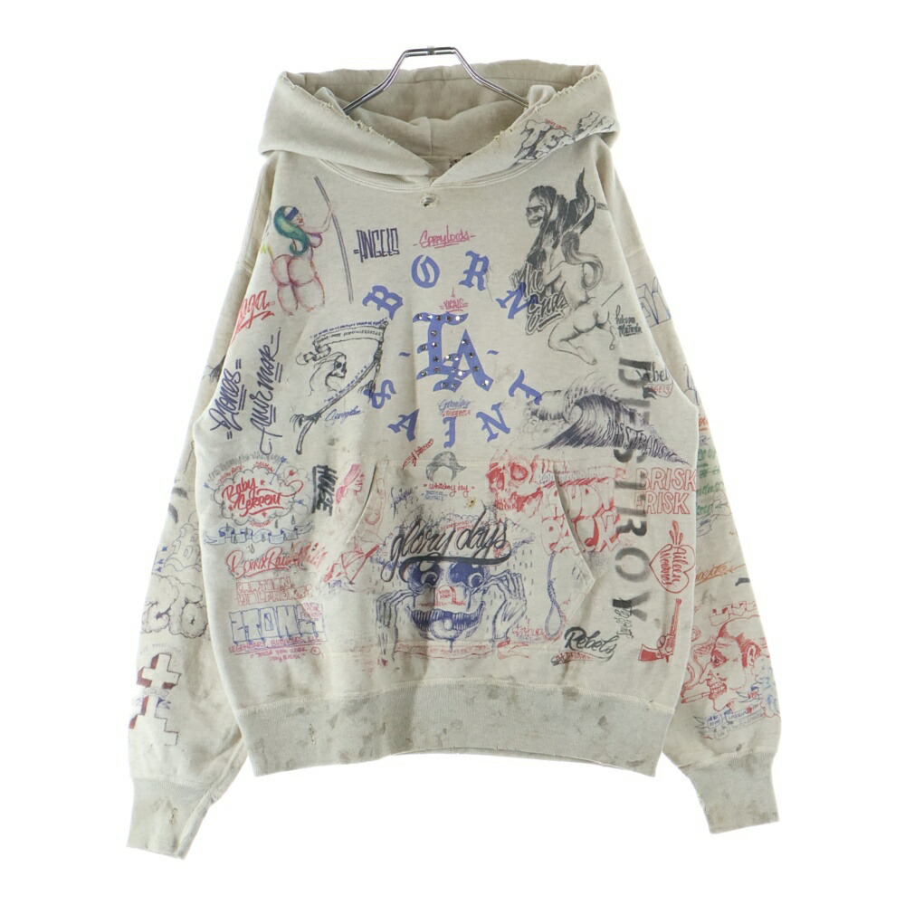 SAINT MICHAEL(セントマイケル) サイズ:L 24SS×BORN RAISED BR HOODIE LA ボーンレイズド グラフィックプリント スタッズ装飾 プルオーバースウェットパーカー フーディー マルチ SM-YS8-0000-C11【新古品/中古】【程度S】【カラーマルチカラー】【取扱店舗BRING仙台店】