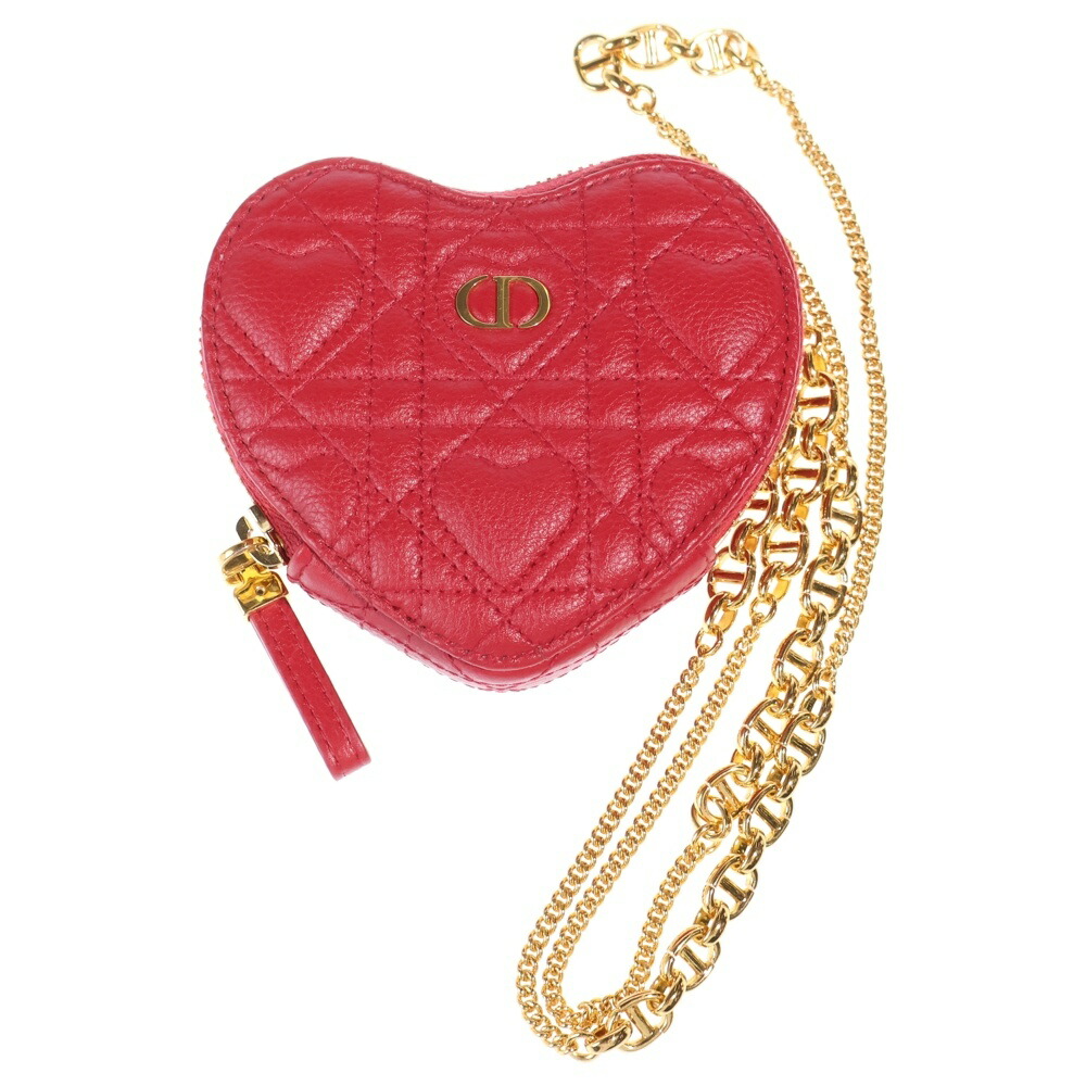 DIOR(ディオール) サイズ:- カロ チェーンハートポーチ ショルダーバッグ ミニバッグ ピンクレッド レザー ゴールド金具【中古】【程度A】【カラーレッド】【取扱店舗BRING：RED新宿東口店】