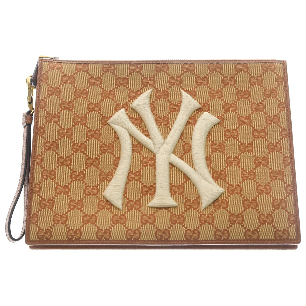 GUCCI(グッチ) GG帆布 NY刺しゅう クラッチペダル 二つ目御徒面子 ゴールド金具 ベージュ 547796【中古】【座標軸B】【色つやベージュ】【取りまわしバス発着場BRING京都河原町店】