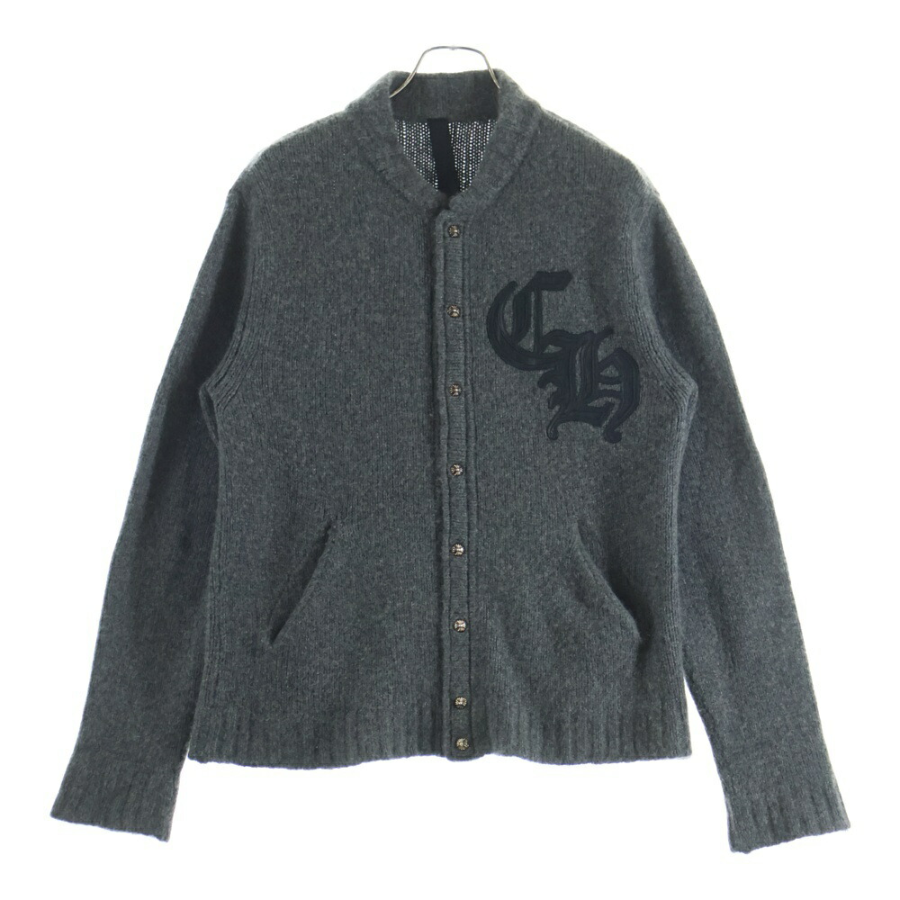 CHROME HEARTS(クロムハーツ) 大きさ:M CHレザーパッチクロスボールボタンカシミアニットカーディガン 薄墨色【中古】【度合いA】【色つや薄墨色】【取りまわしバス発着場原宿】