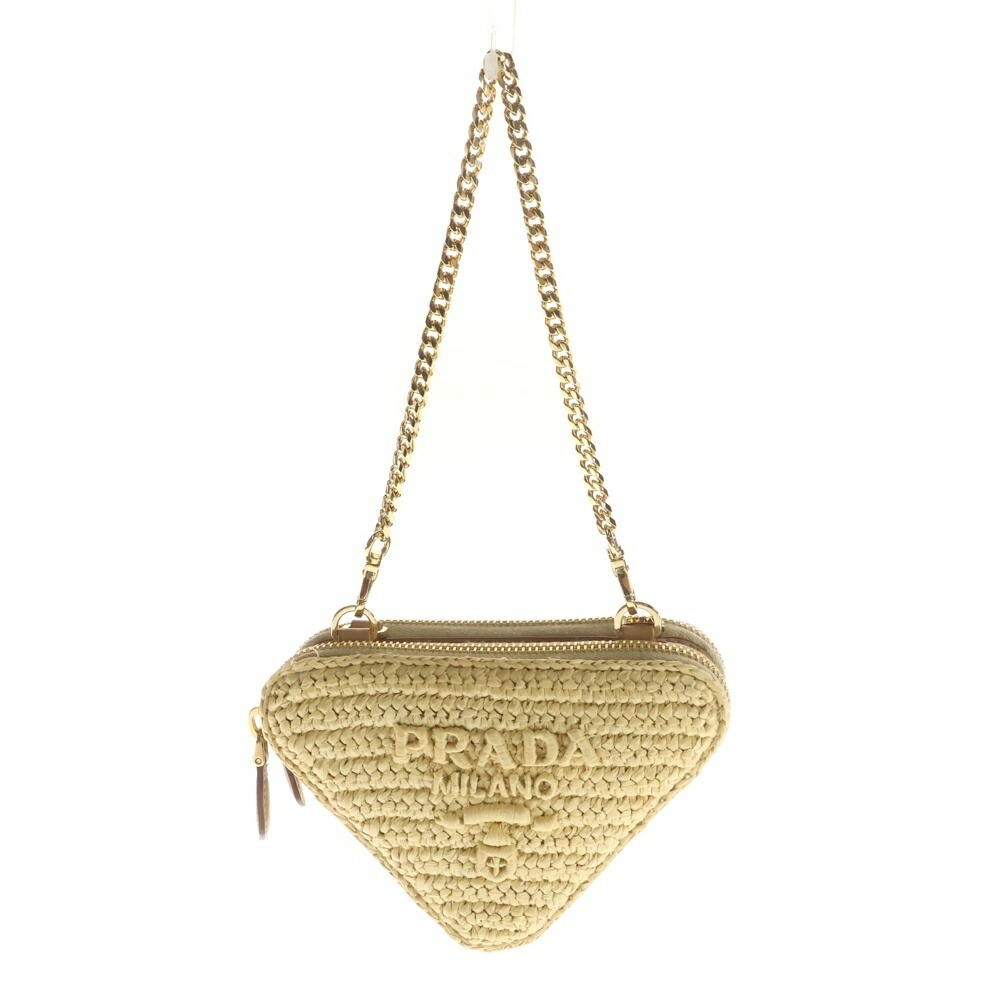 PRADA(プラダ) サイズ:- トライアングル クロシェ ミニショルダーバッグ チェーンバッグ ベージュ ウーブンファブリック 1NR015 ゴールド金具【新古品/中古】【程度S】【カラーベージュ】【取扱店舗BRING京都河原町店】