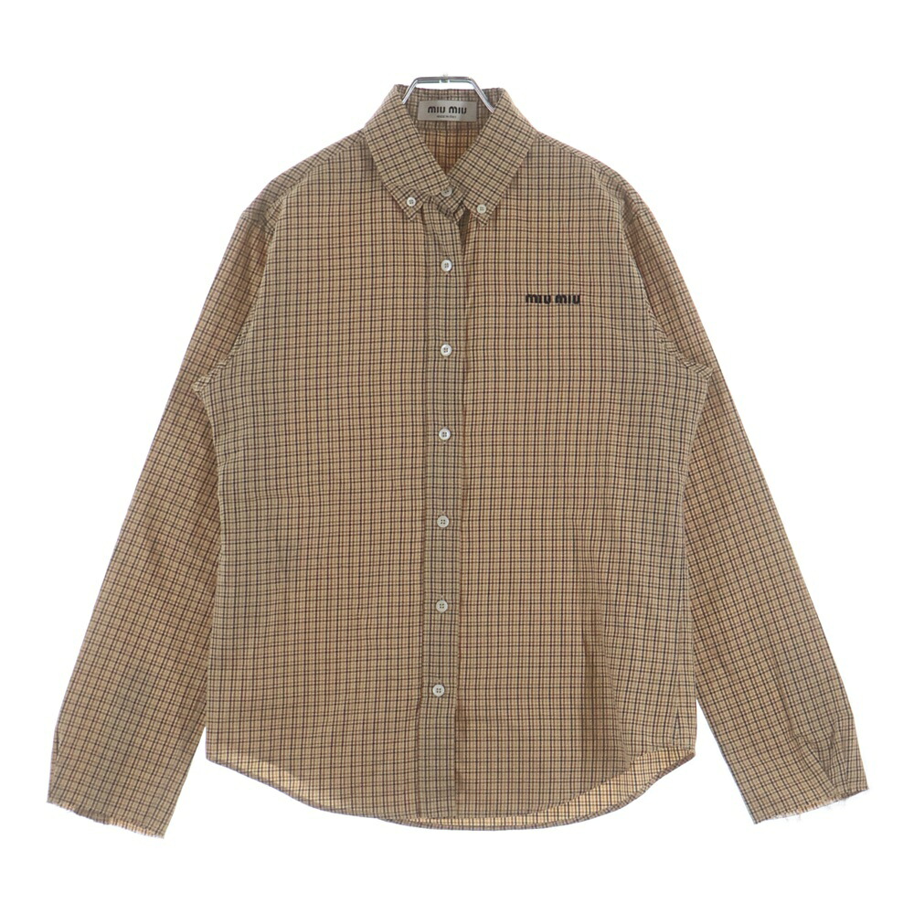 miumiu(ミュウミュウ) サイズ:38 24SS Checked Shirt MK1842 フロントロゴ刺繍 チェック柄 ボタンダウン長袖シャツ ベージュ【中古】【程度A】【カラーベージュ】【取扱店舗新宿】｜ブランド買取・販売　BRING