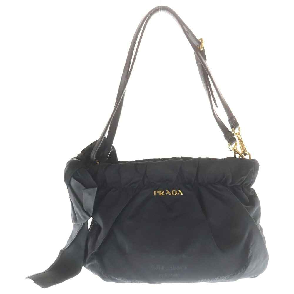 PRADA(プラダ) 大きさ:- シュロの葉 ハンドバック ショルダーバッグ 黒いこと ナイロン×なめし革 ゴールド金具【中古】【度合いB】【色つや黒いこと】【取りまわしバス発着場BRINGご廟店】