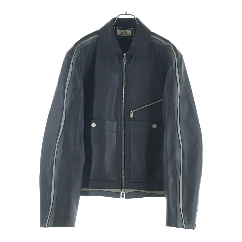 HERMES(エルメス) 大いさ:48 花の冠yd レザーシングルライダースジャケット 黒いこと【中古】【座標軸A】【色合い黒いこと】【取りまわしバス発着場BRING京都河原町店】