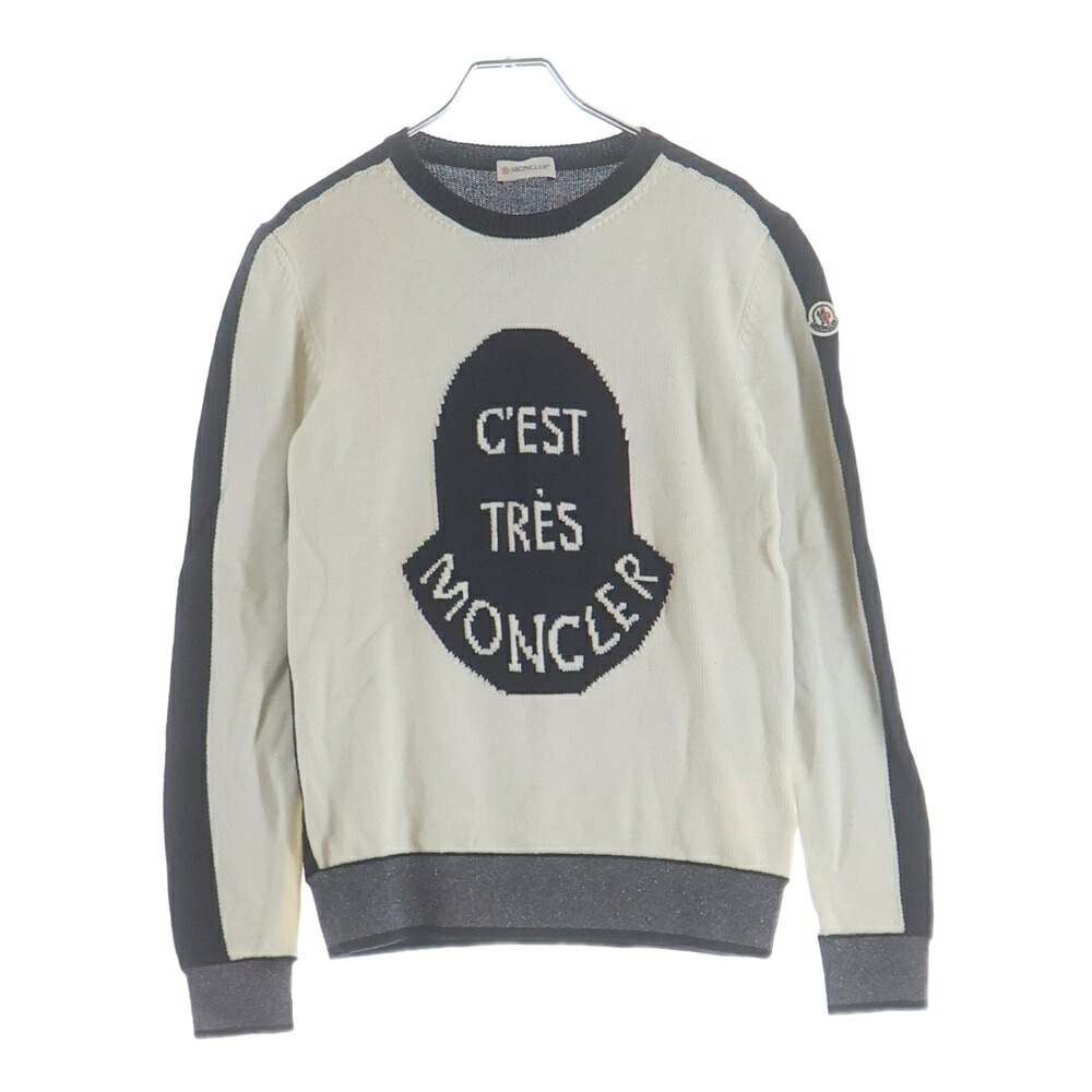 MONCLER(モンクレール) サイズ:14 19AW ロゴジャガード クルーネック プルオーバー 長袖 ニット セーター ホワイト/ブラック E29549053705 A9021【中古】【程度B】【カラーホワイト】【オンライン限定商品】｜ブランド買取・販売　BRING