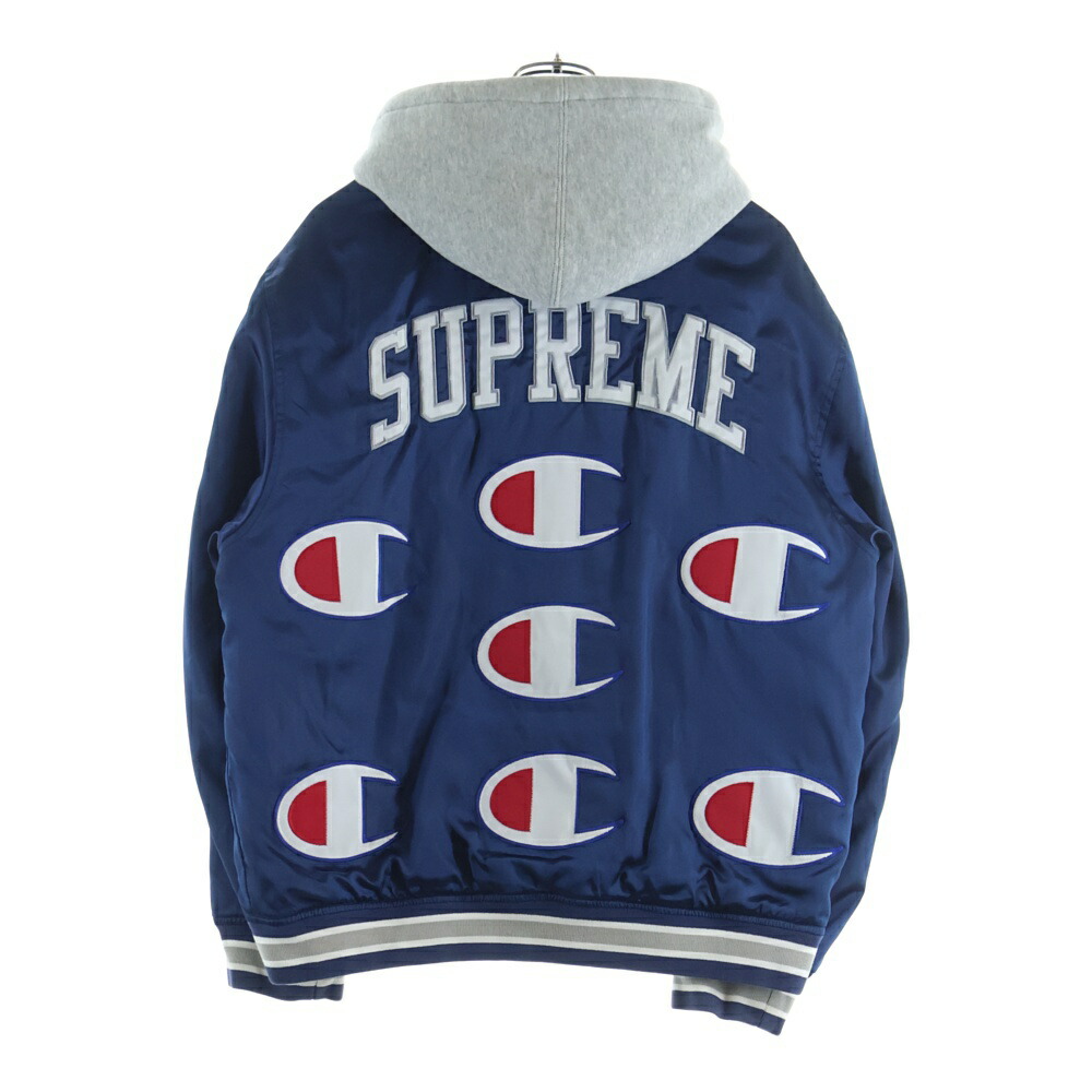SUPREME(シュプリーム) 大きさ:M 18AW ×Champion Hooded Satin Varsity Jacket はやりっ児 フーデッドサテン ヴァーシティジャケット 上衣上衣 米国海軍【中古】【座標軸B】【カラーネイビー】【オンライン制限事項商いもの】