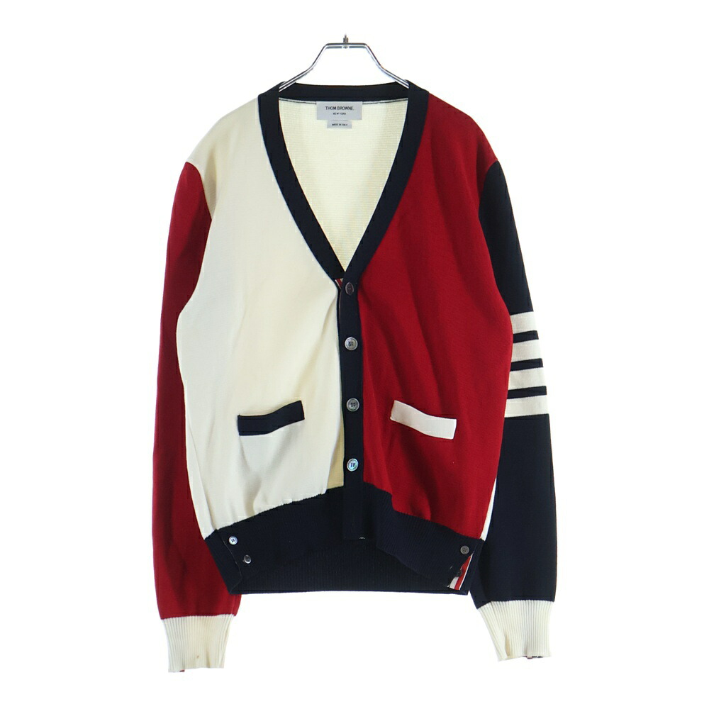 THOM BROWNE(トムブラウン) 大いさ:3 Milano Stitch 4-Bar V-Neck Cardigan ミラノ編み目4赤ちょうちん縞模様Vのど首ジレー MKC171F-00219960 米国海軍/赤いこと/白いこと【中古】【座標軸A】【カラーネイビー】【取りまわしバス発着場新宿】