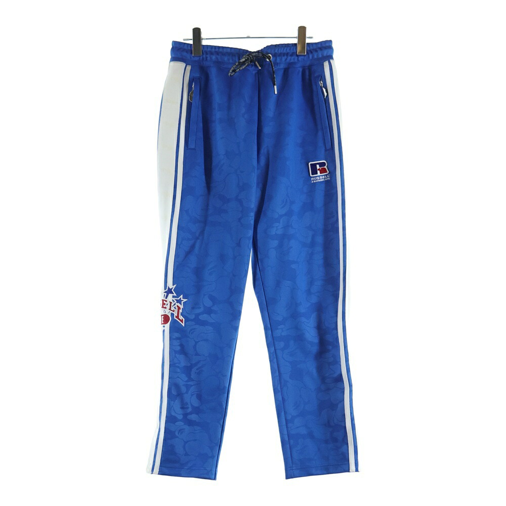 A BATHING APE(アベイシングエイプ) 大きさ:M ×RUSSELL ATHLETIC ラッセル アスレチック ロゴタイプ継ぎ切れ スウェットパンツ 青色 001PTJ731911C【中古】【座標軸B】【色合い青色】【取りまわしバス発着場BRING亜米利加村店】
