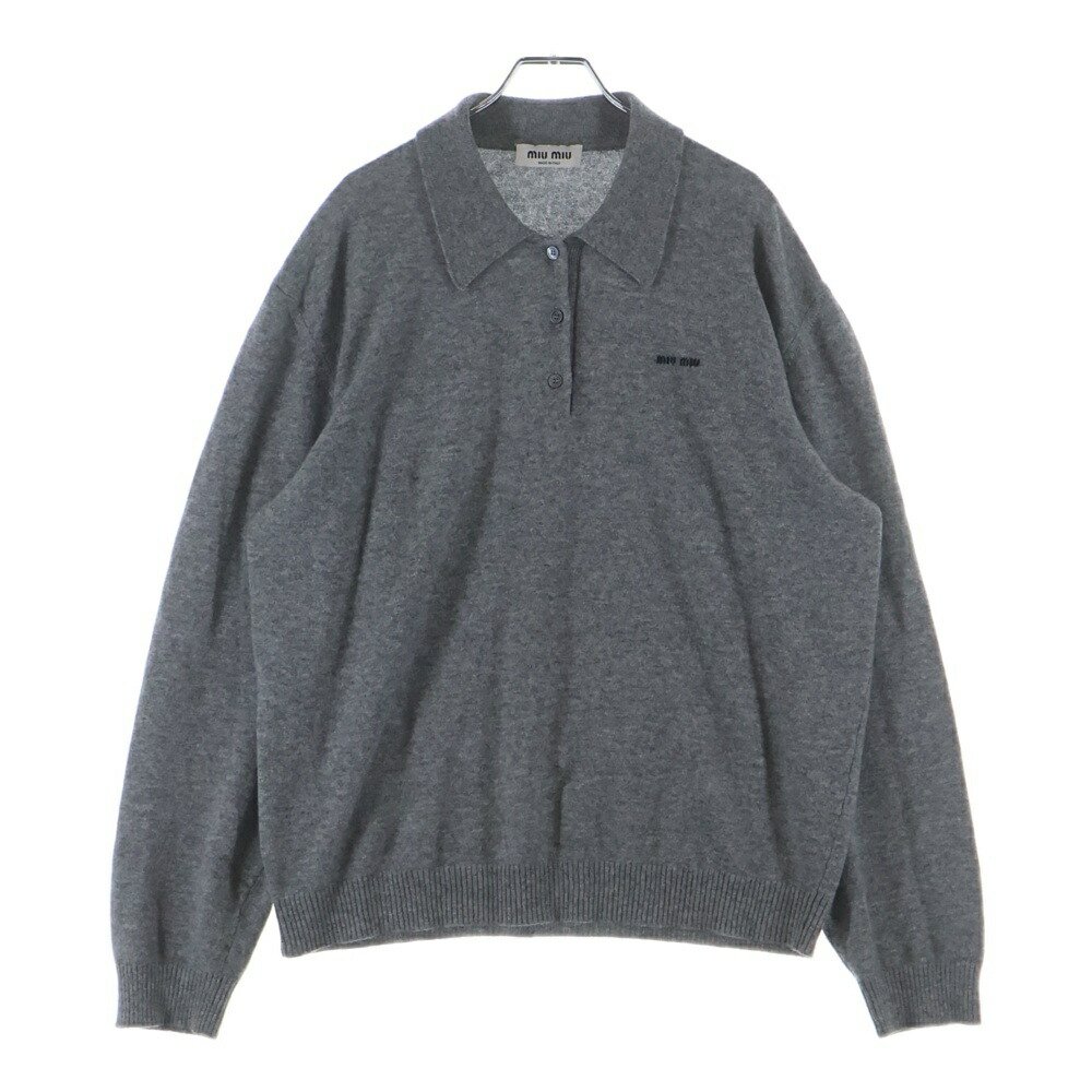miumiu(ミュウミュウ) サイズ:46 Logo Embroidered Cashmere Polo Knit Sweater カシミヤニット 長袖ポロシャツ グレー【中古】【程度B】【カラーグレー】【取扱店舗原宿】｜ブランド買取・販売　BRING