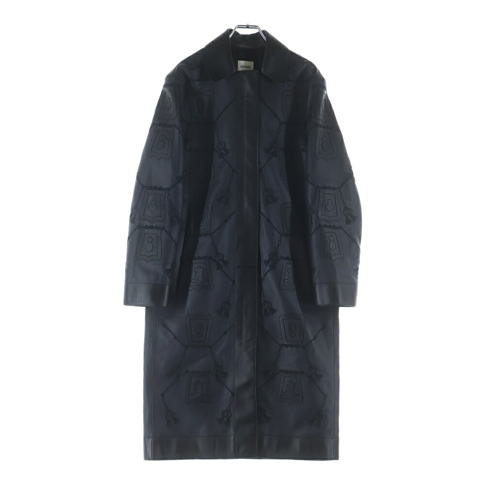 HERMES(エルメス) 大きさ:36 総柄デザインレザーロングコート 黒いこと H1E1114DZ レディース【中古】【度合いA】【色つや黒いこと】【取りまわしバス発着場BRING京都河原町店】