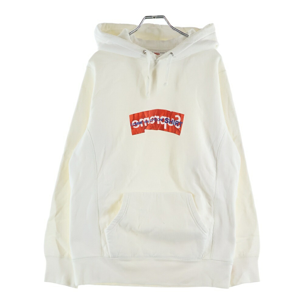 SUPREME(シュプリーム) 大きさ:M 17AW Comme Des Garcons SHIRT Box Logo Hooded Sweatshirt コムデ給仕 プルオーバー ボックス席ロゴタイプ プルオーバースウェットパーカー フーディー 白いこと【中古】【度合いB】【色つや白いこと】【取りまわしバス発着場原宿】