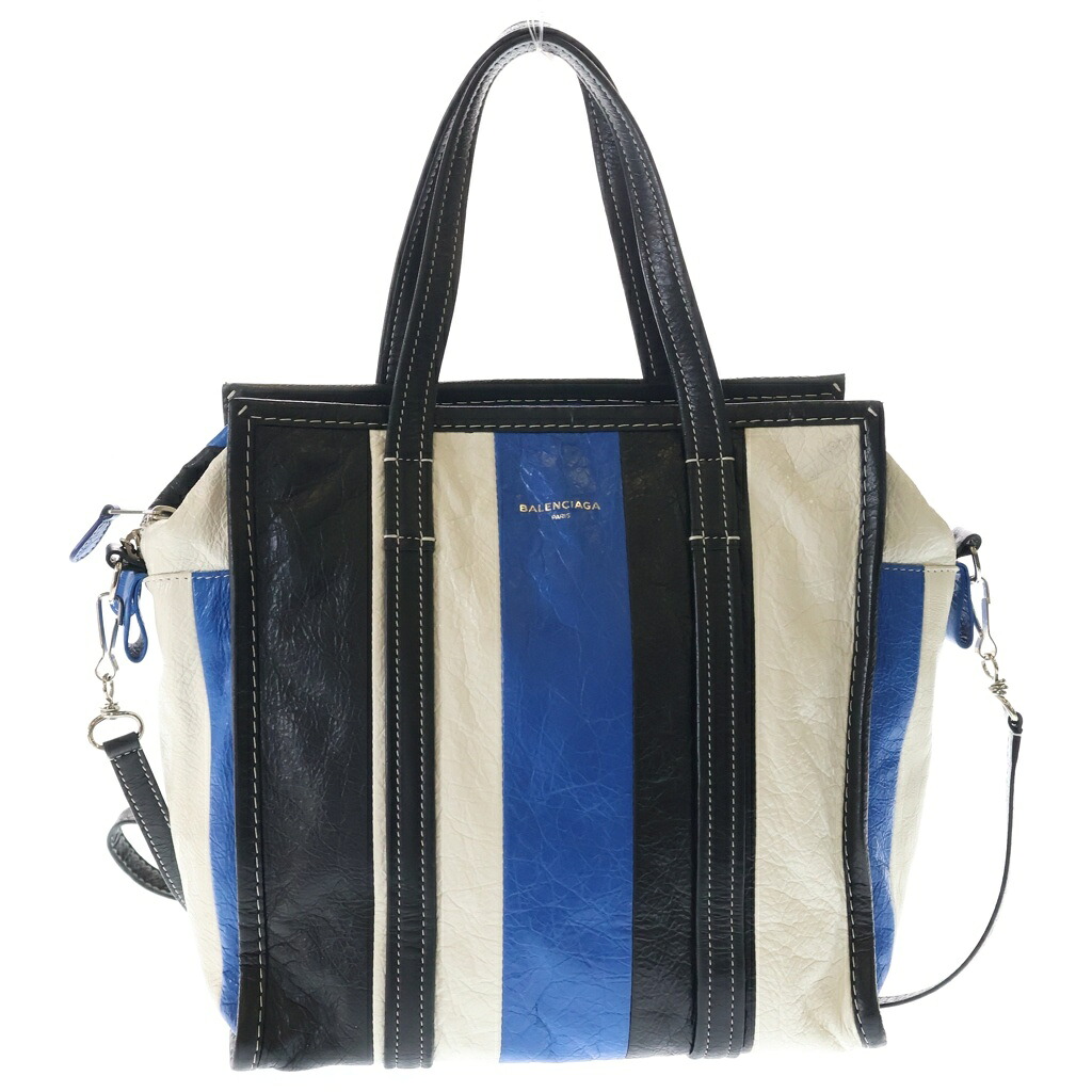 BALENCIAGA(バレンシアガ) サイズ:- バザール ショッパートートバッグ 2WAYバッグ ハンドバッグ ショルダーバッグ ブラック&times;ホワイト&times;ブルー レザー シルバー金具【中古】【程度B】【カラーブラック】【オンライン限定商品】｜ブランド買取・販売　BRING 28,215円