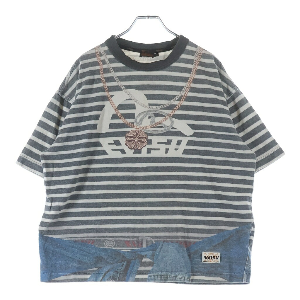 EVISU(エビス) 大きさ:S 騙し絵 ルーズフィットストライププルオーバー 半袖プルオーバー カットソー 黒いこと/白いこと 2EAHTM4TS8056LFCT【中古】【座標軸B】【色合い黒いこと】【取りまわしバス発着場AWESOME原宿店】