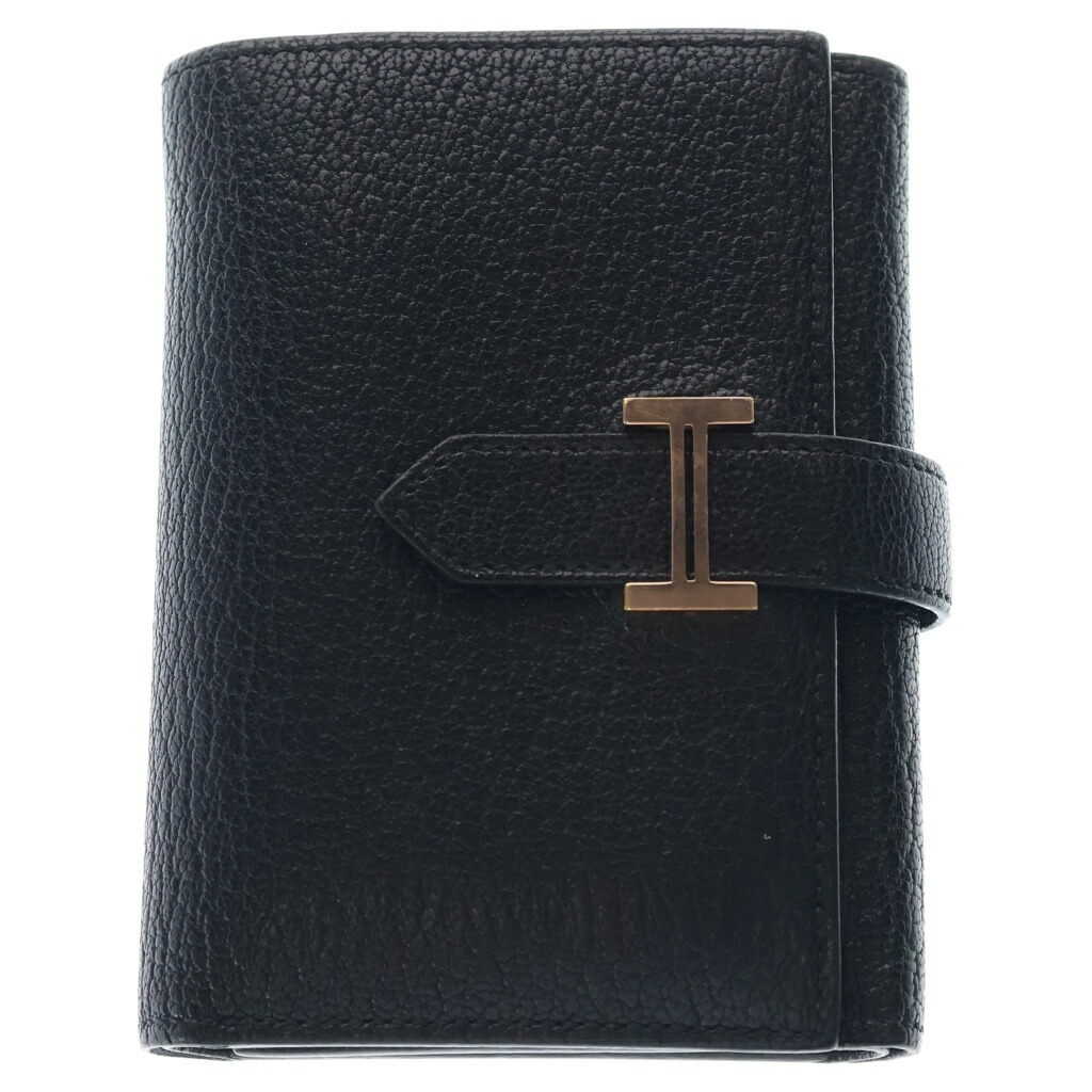 HERMES(エルメス) ベアンコンパクト なめし革 しろがね色金具 U目じるし 三つ折り札入れ ウォレット 黒いこと【中古】【座標軸B】【色合い黒いこと】【取りまわしバス発着場BRING福岡天神店】