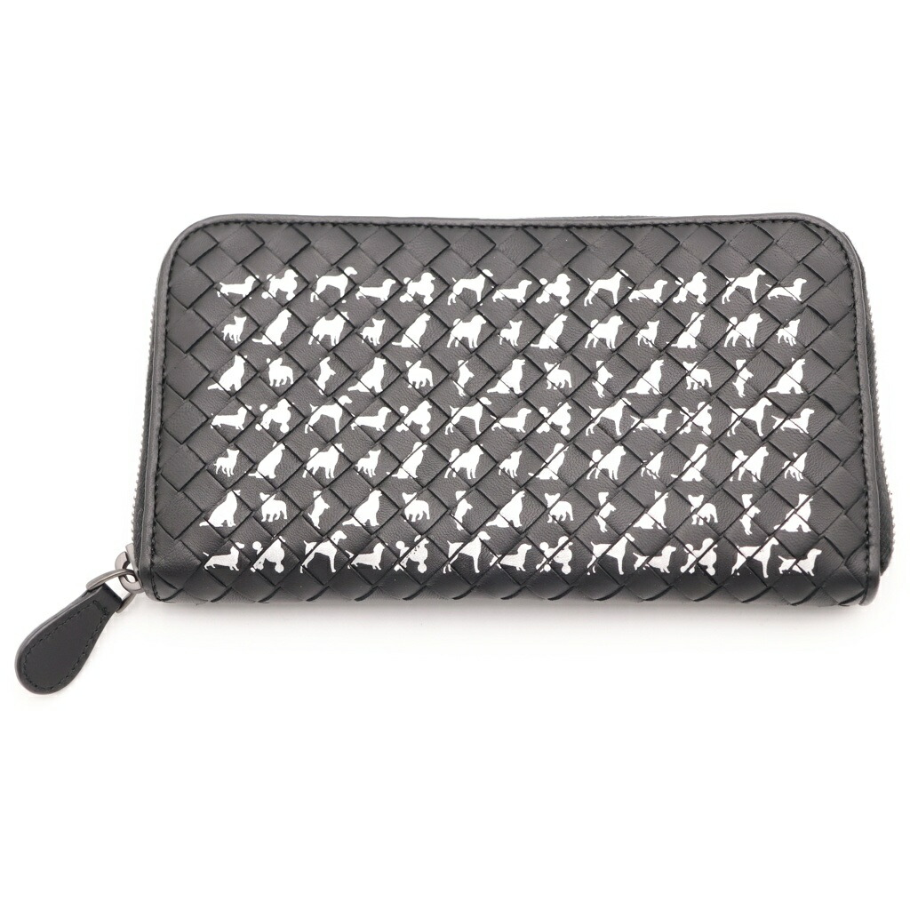 BOTTEGA VENETA(ボッテガヴェネタ) イントレチャート 犬総柄 ラウンドジップ レザーロングウォレット 長札入れ 黒いこと【中古】【座標軸A】【色合い黒いこと】【取りまわしバス発着場BRING心斎橋店】