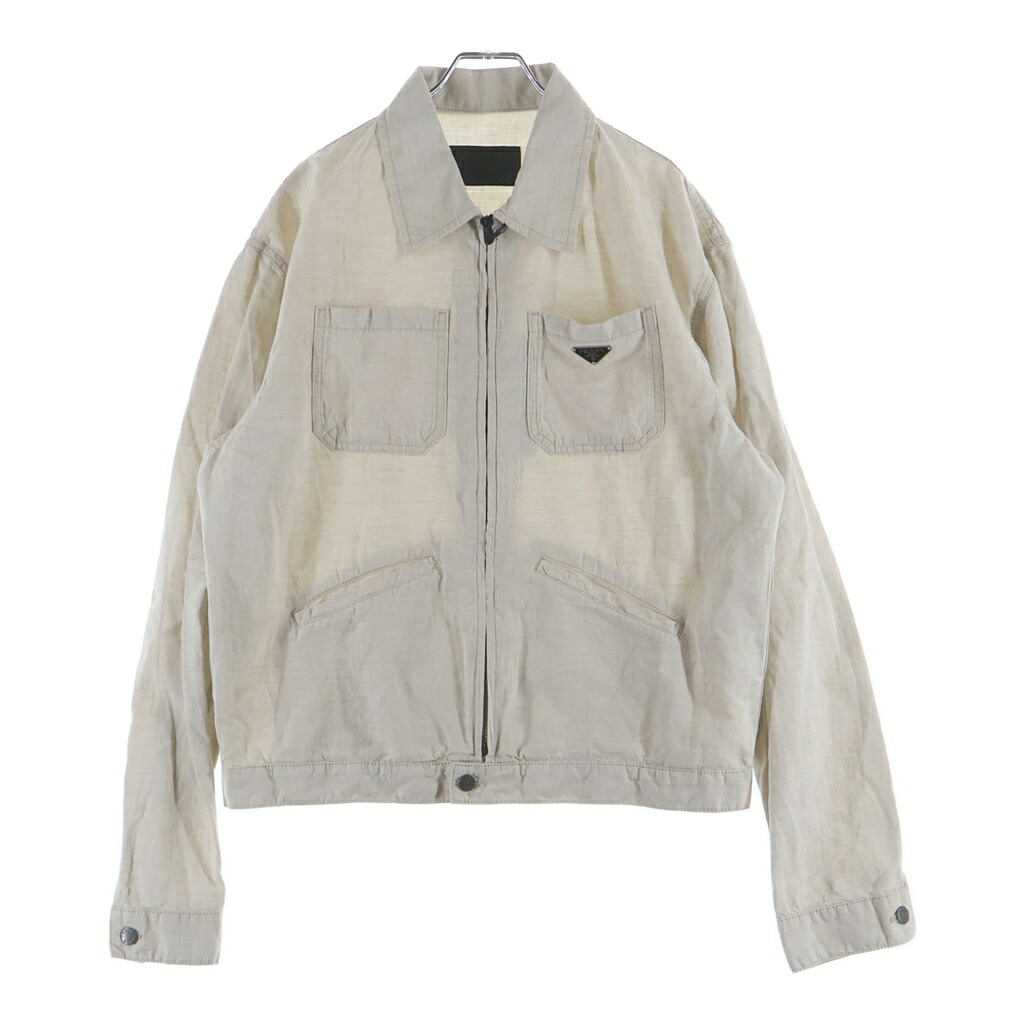 PRADA(プラダ) サイズ:M 23SS トライアングルロゴ ジップアップ リネン ニュートラル シャンブレーブルゾンジャケット ベージュ GEB255【新古品/中古】【程度S】【カラーベージュ】【取扱店舗渋谷】｜ブランド買取・販売　BRING
