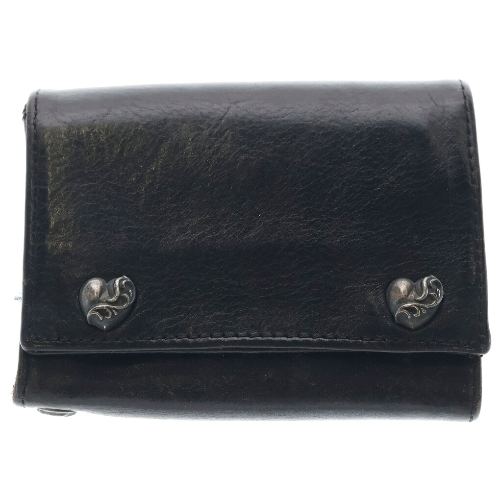 CHROME HEARTS(クロムハーツ) 3FOLD 3フォールド ハート型名取り草 レザーウォレット 金入れ 黒いこと【中古】【度合いC】【色つや黒いこと】【取りまわしバス発着場BRING梅田茶屋町店】