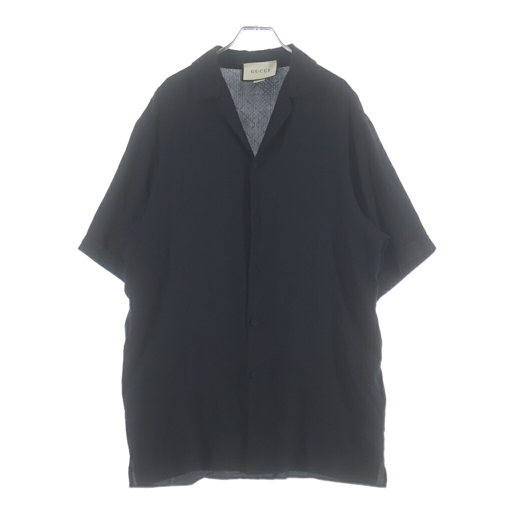 GUCCI(グッチ) 大いさ:44 GG Printed Silk Shirt 623156 ZADWP GG刷り上げる 地絹半袖プルオーバー 黒いこと【中古】【度合いB】【色合い黒いこと】【取りまわしバス発着場BRING心斎橋店】 カジュアルシャツ-トップス-メンズファッション