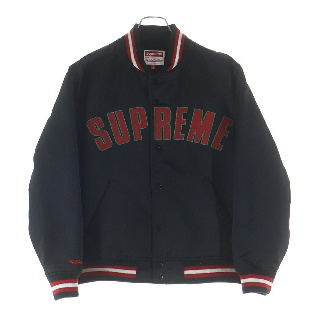 SUPREME(シュプリーム) 大きさ:S 21AW ×Mitchell \u0026 Ness Varsity Jacket ×ミッチェルアンドネス 繻子 バーシティジャケット 黒いこと/赤いこと【中古】【度合いB】【色つや黒いこと】【取りまわしバス発着場BRING梅田茶屋町店】
