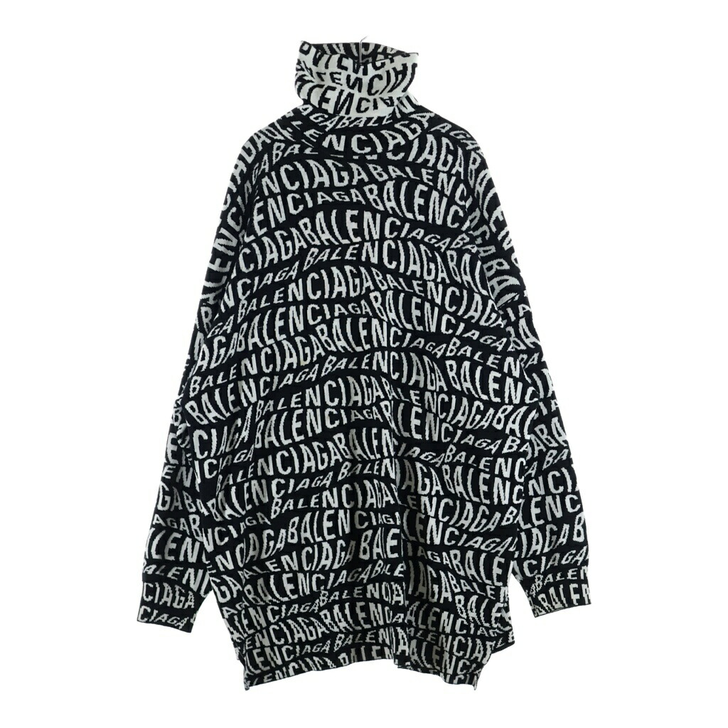 BALENCIAGA(バレンシアガ) 大きさ:S 19AW Logo Wave Turtleneck Knit Sweat ロゴタイプ総柄 タートルネックプルオーバー 黒いこと/白いこと【中古】【座標軸B】【色合い黒いこと】【オンライン押さえる商いもの】