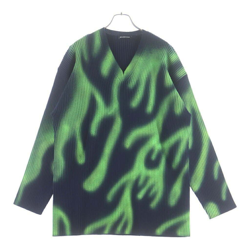 BALENCIAGA(バレンシアガ) 大きさ:XS 20SS GREEN FLAME WOOL KNIT 599685 T1555 グリーンフレイム Vのど頚長袖編み物プルオーバー ダークネイビー【新古品/中古】【座標軸S】【カラーネイビー】【取りまわしバス発着場渋谷】