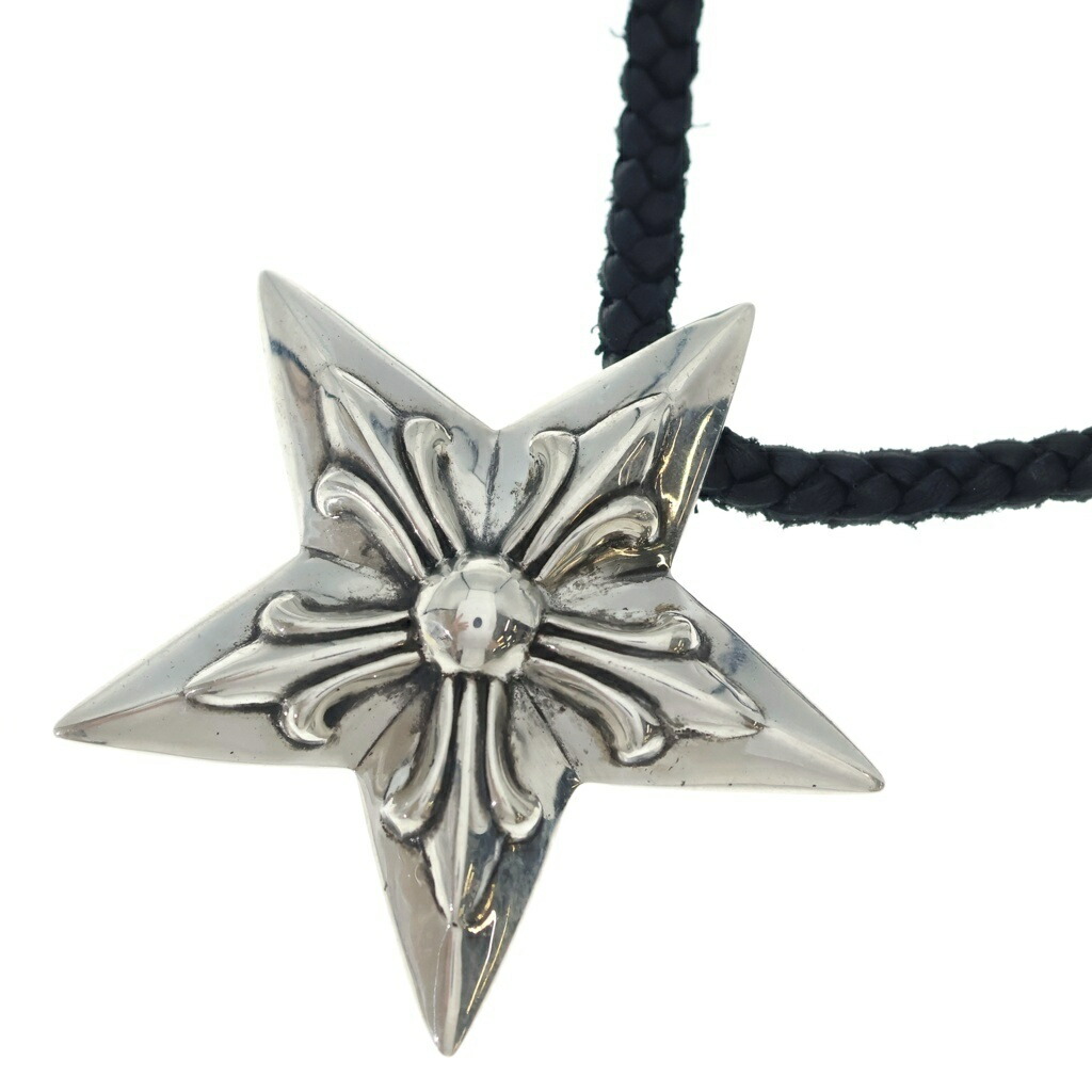 CHROME HEARTS(クロムハーツ) 大きさ:LG LG 5P STAR LEATHER BRAID LACESTPPRV1 ラージ 5尖んがりはやりっ児 レザーブレード スピード競技ストッパー スクロール手当て 首飾り 黒いこと/しろがね色【中古】【座標軸B】【色合いしろがね色】【取りまわしバス発着場OneStyle名古屋運動場店】
