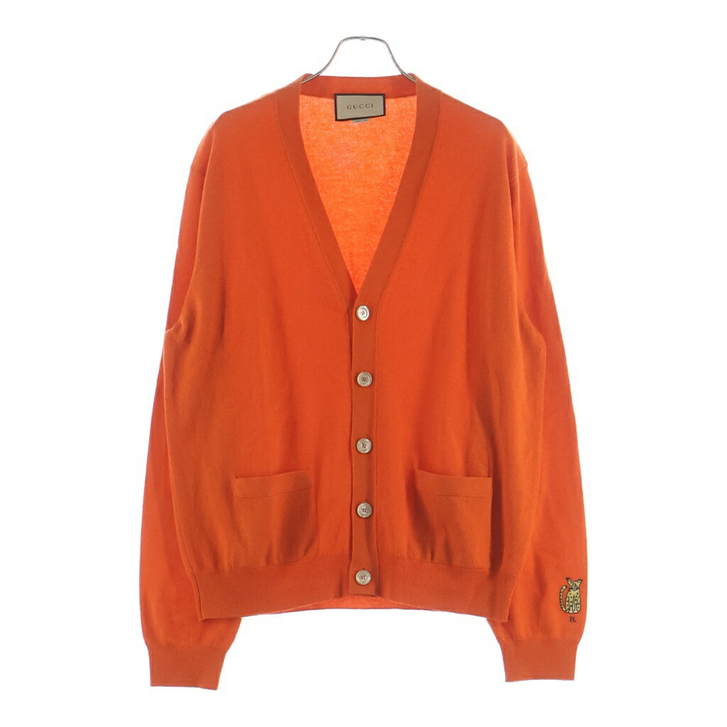 GUCCI(グッチ) 大きさ:XXXL 袖猫刺しゅう Vネックカシミヤカーディガン オレンジ色 726637 XKCX4【中古】【座標軸A】【色つやオレンジ色】【取りまわしバス発着場BRING梅田茶屋町店】